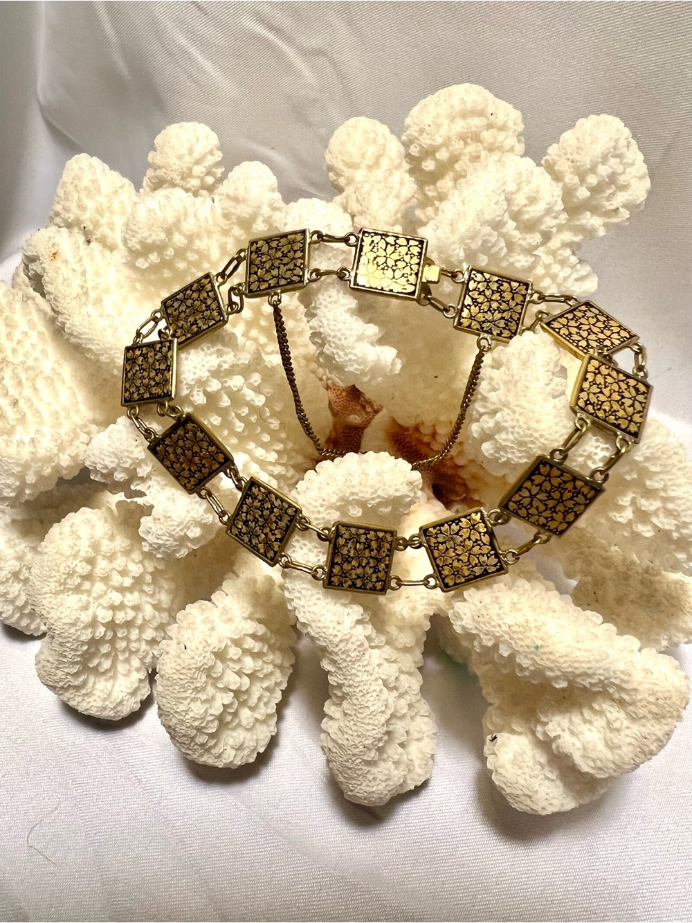 Vintage Amita Damascene Panel Bracelet, gold tone nickel with 24 gold foil signe